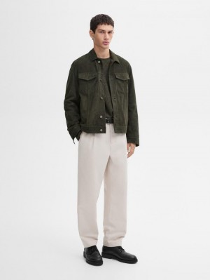 Massimo Dutti Suede With Flap Pockets Men Leather Jacket Dark Green | US-NB5681094