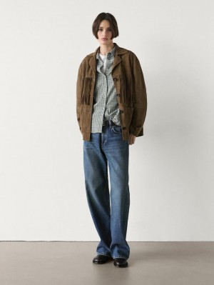 Massimo Dutti Suede With Fringing Women Leather Jacket Dark Brown | US-AD9647280