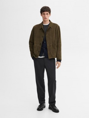 Massimo Dutti Suede With Patch Pockets Men Leather Jacket Khaki | US-YB3948076