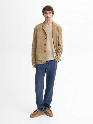 Massimo Dutti Suede With Pockets Men Leather Jacket Light Brown | US-UJ4573628