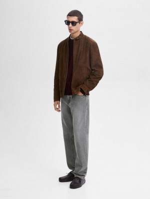 Massimo Dutti Suede Zip-up Men Leather Jacket Dark Brown | US-RG7019826