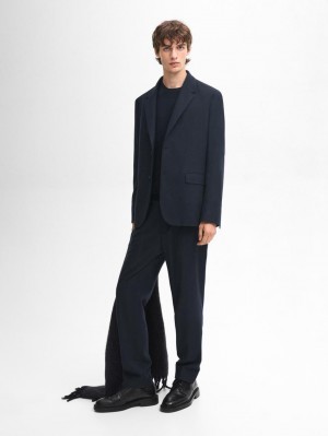 Massimo Dutti Tapered Fit Flannel Men Trousers Navy | US-UH2014376