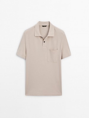 Massimo Dutti Textured Cotton With Pocket Detail Men Polo Shirt Beige | US-BZ3712890