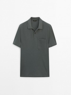Massimo Dutti Textured Cotton With Pocket Detail Men Polo Shirt Dark Grey | US-PY4065137