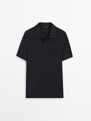 Massimo Dutti Textured Cotton With Pocket Detail Men Polo Shirt Navy | US-ZL2965031