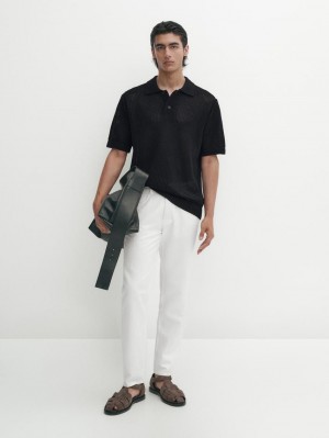 Massimo Dutti Textured Short Sleeve Sweater Men Polo Shirt Black | US-YS8912570