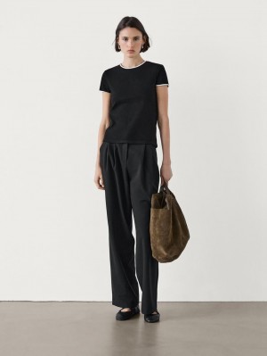 Massimo Dutti Thick With Contrast Trims Women T-Shirt Black | US-JM5213740