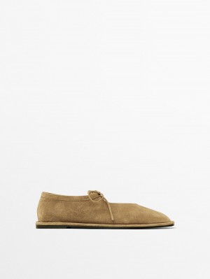 Massimo Dutti Tied Split Suede Women Ballet Flats Brown | US-IX6594108