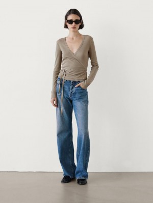Massimo Dutti Tied With Cuff Detail Women T-Shirt Brown Beige | US-UO9623470