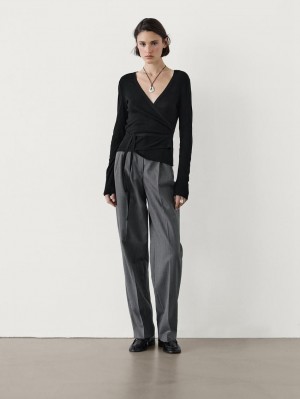 Massimo Dutti Tied With Cuff Detail Women T-Shirt Black | US-VS0862534