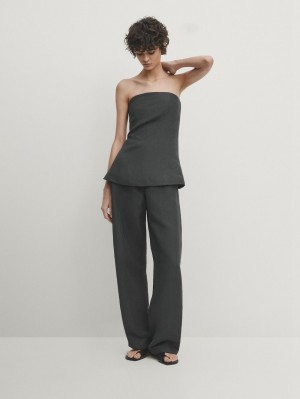 Massimo Dutti Total Look Linen Blend Suit Women Trousers Black | US-IG6409175