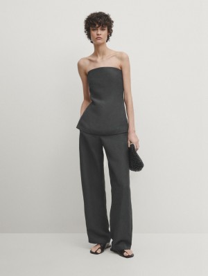 Massimo Dutti Total Look Linen Blend Women Top Dark Grey | US-HK1538279