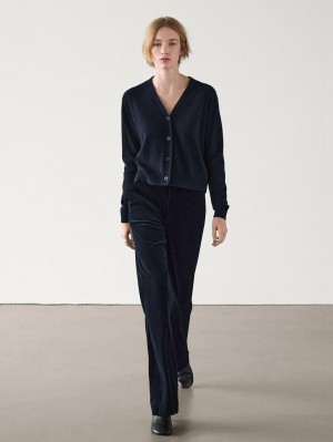 Massimo Dutti Velvet Flared Women Trousers Navy | US-WQ3694502