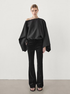Massimo Dutti Velvet Flared Women Trousers Black | US-FB5394721