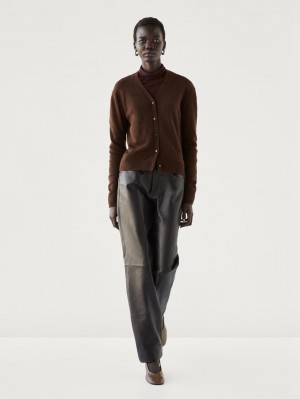 Massimo Dutti V-neck Cashmere Women Cardigan Brown | US-BT1372605