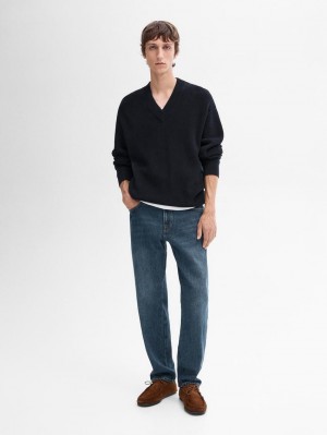 Massimo Dutti V-neck Cotton Knit Men Sweater Navy | US-PC1095843