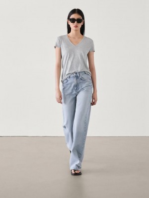 Massimo Dutti V-neck Cotton Women T-Shirt Grey | US-DJ2416790
