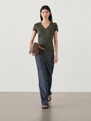 Massimo Dutti V-neck Cotton Women T-Shirt Dark Green | US-EP7815260