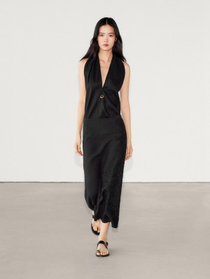 Massimo Dutti V-neck Stretch Halter Women Top Black | US-GE3870461