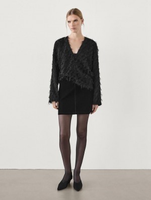 Massimo Dutti V-neck With Fringe Detail Women Blouse Black | US-RA5476083