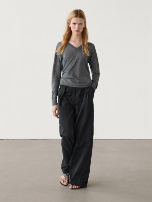 Massimo Dutti V-neck Wool Blend Women Sweater Dark Grey | US-QR3947126