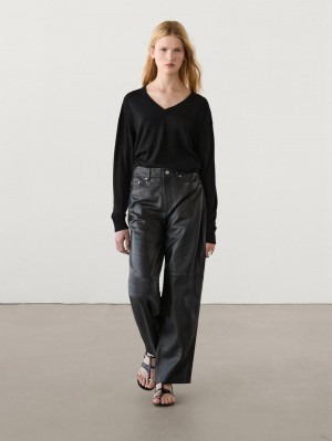 Massimo Dutti V-neck Wool Blend Women Sweater Black | US-ZO1298356