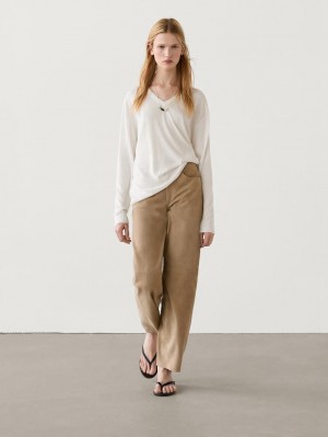 Massimo Dutti V-neck Wool Blend Women Sweater Cream | US-ZN4617835