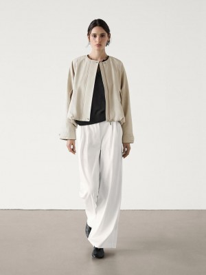 Massimo Dutti Voluminous Back Women Bomber Jacket Cream | US-BO7284015