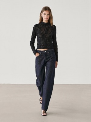 Massimo Dutti Waffle-knit Finish Women T-Shirt Black | US-VM2785340