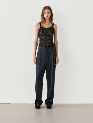 Massimo Dutti Waffle-knit Strappy Women Top Black | US-XH9651820