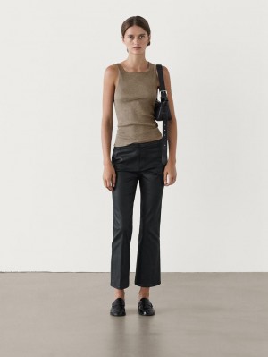 Massimo Dutti Waxed Flare Fit Cropped Women Trousers Black | US-PW5698174