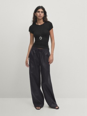 Massimo Dutti Waxed Linen Wide-leg Jogger Women Trousers Black | US-AR7421065