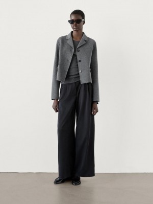 Massimo Dutti Wide Leg Fluid With Darts Women Trousers Navy | US-CR8409561