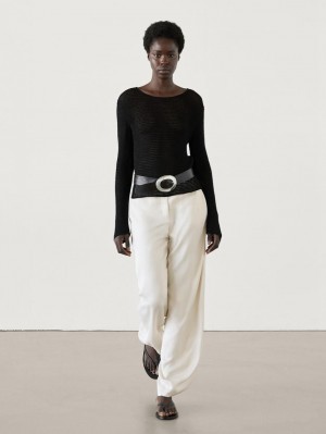 Massimo Dutti Wide Leg Satin Women Trousers Beige | US-PG6591487