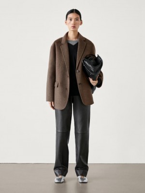 Massimo Dutti Wide Wool Blend Women Blazer Dark Brown | US-PD8510476