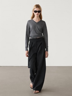 Massimo Dutti Wide-leg Cotton And Linen Blend Women Trousers Black | US-YV3156278