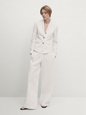 Massimo Dutti Wide-leg Cotton And Linen Blend Women Trousers White | US-GP4310829