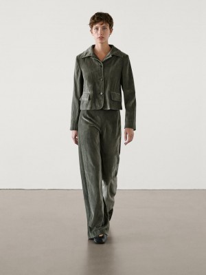 Massimo Dutti Wide-leg Creased Velvet Women Trousers Dark Green | US-DR7148360
