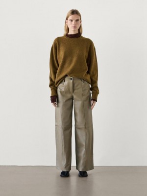 Massimo Dutti Wide-leg Nappa Leather With Seam Detail Women Trousers Light Olive | US-IG6957130