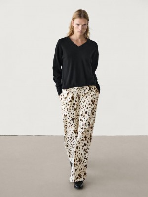 Massimo Dutti Wide-leg Printed With Drawstring Detail Women Trousers Leopard | US-XU8759143