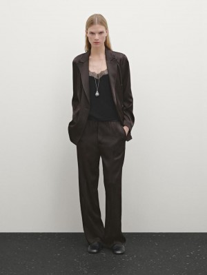 Massimo Dutti Wide-leg Satin Women Trousers Dark Brown | US-KU5743896
