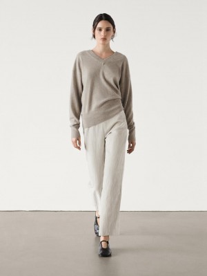 Massimo Dutti Wide-leg Velvet Suit Co-ord Women Trousers Beige | US-XP4071853