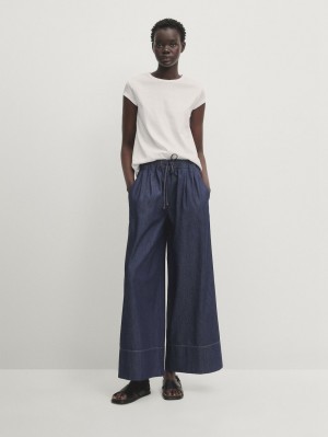 Massimo Dutti Wide-leg With Drawstring Detail Women Jeans Dark Blue | US-FL7891023