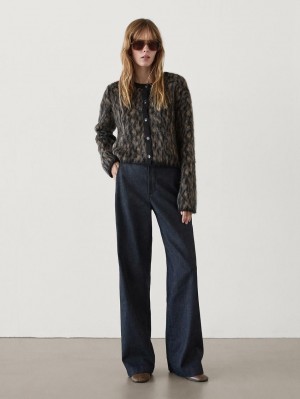 Massimo Dutti Wool Blend Animal Print Women Cardigan Dark Grey | US-WG9531764
