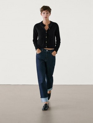 Massimo Dutti Wool Blend Buttoned Women Cardigan Black | US-TN4587321