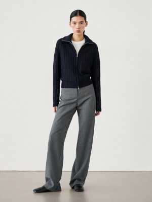 Massimo Dutti Wool Blend Cable-knit Women Cardigan Dark Blue | US-IB2584306