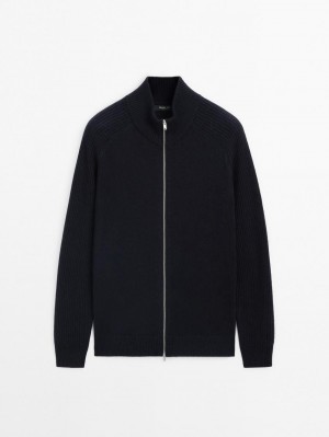 Massimo Dutti Wool Blend High Neck Men Cardigan Navy | US-LO5263078