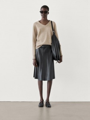 Massimo Dutti Wool Blend Knit V-neck Women Sweater Beige | US-XA2984503