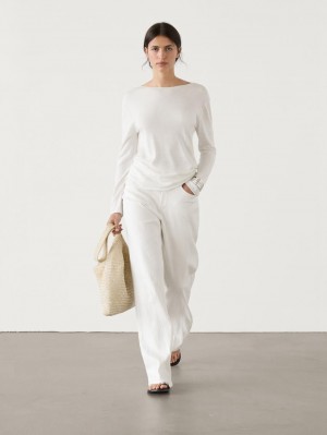 Massimo Dutti Wool Blend Knit With Crew Neck Women Sweater Cream | US-ZR8172354