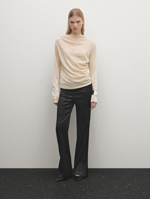 Massimo Dutti Wool Blend Knit With Gathered Detail Women T-Shirt Beige | US-YW2694105